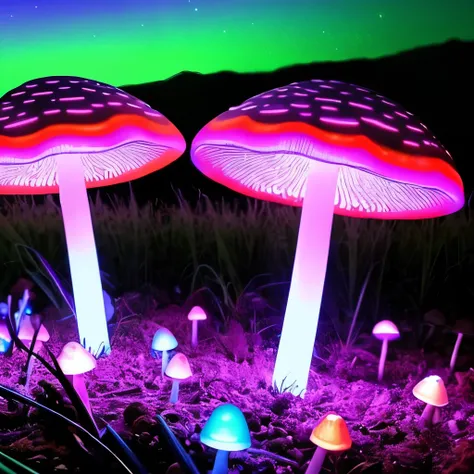 there are many mushrooms that are glowing in the dark, digital art by Bruce Munro, flickr, psychedelic art, glowing mushrooms, fluorescent mushrooms, neon mushrooms, bioluminescent mushrooms, neon yellow glowing mushrooms, glowing blue mushrooms, glowing f...