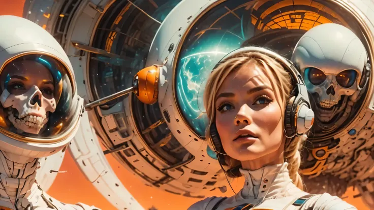 arafed image of a white woman in a futuristic suit with a spaceship in the background, movie art, in front of an orange background, inspired by Robert McGinnis, female protagonist, megastructure in the background, portrait of an ai astronaut, astronauts, a...