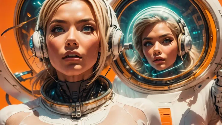 arafed image of a white woman in a futuristic suit with a spaceship in the background, movie art, in front of an orange background, inspired by Robert McGinnis, female protagonist, megastructure in the background, portrait of an ai astronaut, astronauts, a...