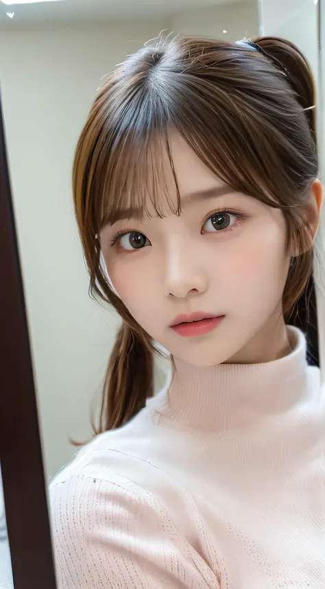 (beautiful girl、Cute Face、high school girl、medium hair、Face reflected in the mirror、Staring at viewer:1.3)、top quality,8K image、 perfect double eyelids、happy、natural color makeup、Moist lips、white skin、(Low Ponytail、short ponytail,face being sucked、 Strongl...
