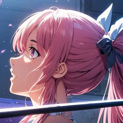 pink haired sideponitail girl with white dress get stabbed by black sword with purple aura in her chest by blonde haired middle aged man with facial hair and blue eyes in suit, the man hair style is short on the sides and back, create image, without blood,...