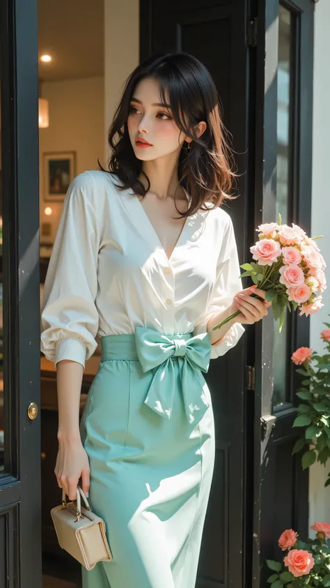 8k, Masterpiece, Top Quality, slender, shoulder-length, dark brown hair, left, dark-framed glass door, bouquet, flowers, small, light-beige purse, white, three-quarter sleeve, v-neck shirt, light teal, high-waisted, pencil skirt, large bow, waist, slightly...