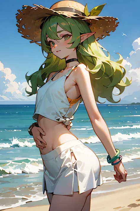 spring, beach, outdoor wear, very short tank top, shirt without straps, Translucent tank top , Long hair, wavy hair, shiny yellowish-green hair color, Tall Growth, full height, early morning, pale skin color,  open belly, white translucent skirt, short ski...