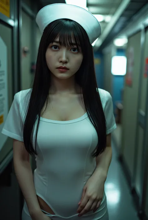 (((White nurse cap:2.0))),(((The dark interior of the Nostromo ship :2.0))),((( HR Gigger style cyberpunk atmosphere :2.0))),(((holding a syringe-style rifle:2.0))), standing,((full body:2.0)),one woman,(Cute Face),(Beautiful well-balanced face ),((long ha...