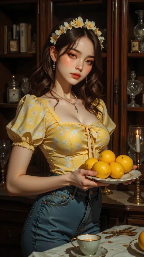 8k, Masterpiece, Top Quality, Close-up,  fair skin, brown hair, floral headband, yellow floral blouse, puff sleeves, square neckline, tied center, blue denim jeans, pearl necklace, small pendant, holding dish, three lemons, dark brown wooden cabinet, candl...