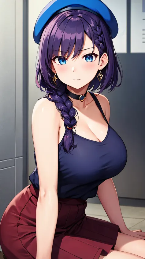 top quality、 top quality、 masterpiece、 beauty(They Look Adult:1.4)、( 1 adult female:1.3)、Dark Blue Purple Short Hair(side braid)、 blue eyes、(V shaped shirt )、 big breasted 、(very large breasts:1.4)、 angry face、 navy blue choker 、 sexy pose、 earrings、(  ber...