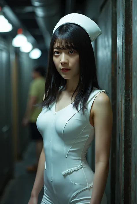 (((White nurse cap:2.0))),(((The dark interior of the Nostromo ship :2.0))),((( HR Gigger style cyberpunk atmosphere :2.0))),(((holding a syringe-style rifle:2.0))), standing,((full body:2.0)),one woman,(Cute Face),(Beautiful well-balanced face ),((long ha...