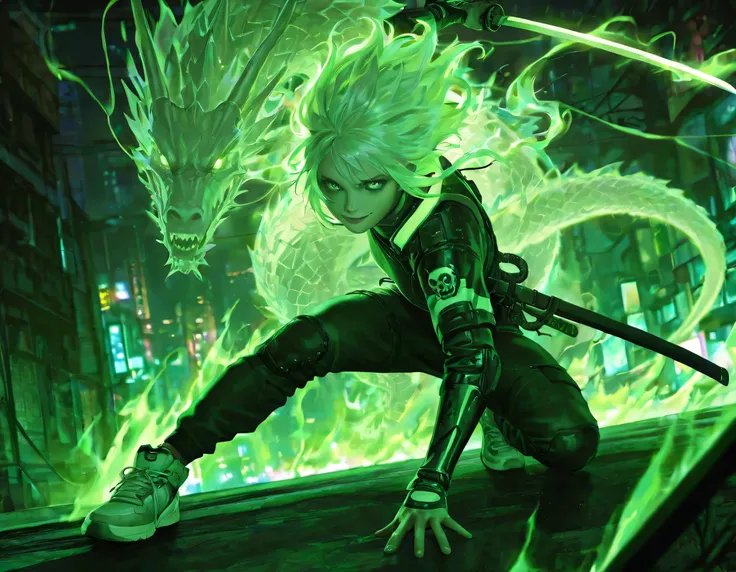Masterpiece, best quality, official art, 8k wallpaper, epic wallpaper, katana, stylish sneakers, detailed realistic samurai warrior wielding katana in stylish modern sneakers, cinematic dramatic lighting, gritty urban environment, neon cyberpunk cityscape,...