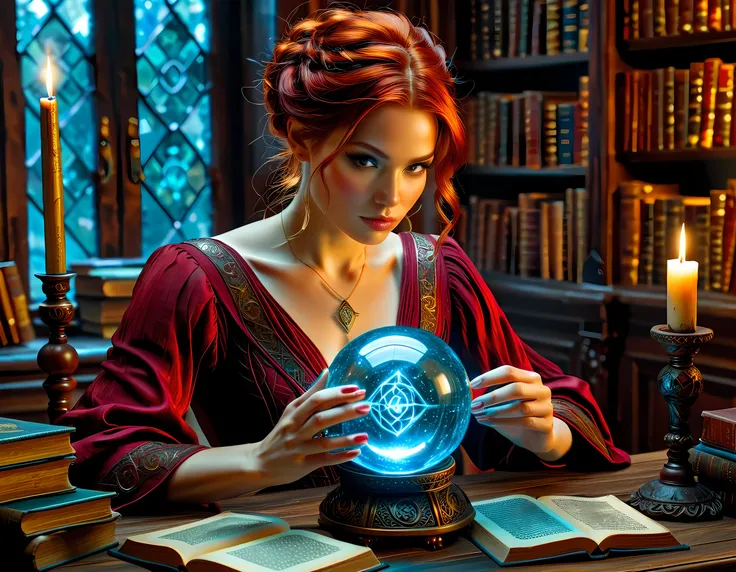 a picture of a human woman sorceress sittings in her magical lab, divining distant places in her crystal ball, epic beautiful human woman (best details, Masterpiece, best quality), ultra detailed face (best details, Masterpiece, best quality), red hair, s...