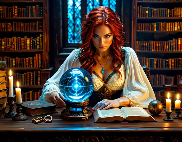 a picture of a human woman sorceress sittings in her magical lab, divining distant places in her crystal ball, epic beautiful human woman (best details, Masterpiece, best quality), ultra detailed face (best details, Masterpiece, best quality), red hair, s...