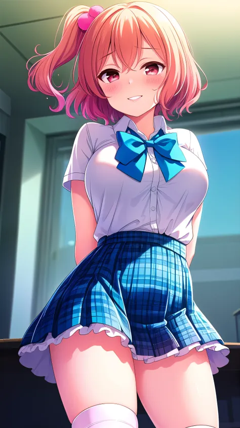 ( masterpiece, top quality), Highly Detailed Background, perfect lighting, top quality, (angle from below:1.3), (Focus on thighs:1.2), (arms behind back:1.6), Tomura Michiru, Alone, indoors, School Classroom, Orange Hair, One side up, pink hair bobble, ha...