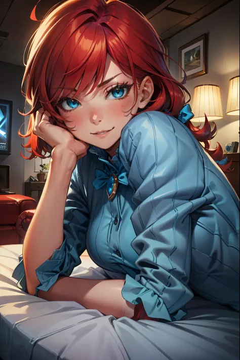 (extremely detailed CG unity 4k wallpaper),(best illustration),(best shadow),(absurdres), Living room background)zzwendy, red hair, blue eyes, brooch, hair bow, sidelocks, petite figure, Small bust size, Looking at viewer, Smug, Happy, Flirty, Bedroom eyes...