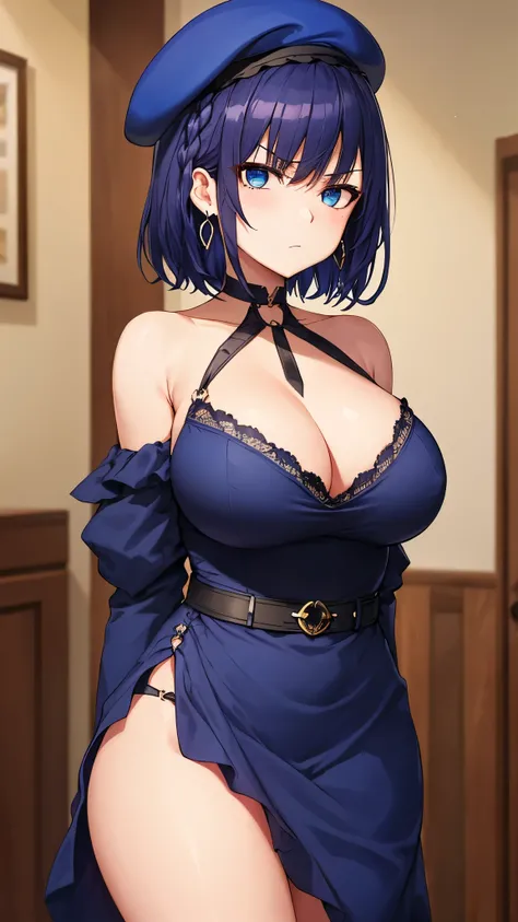 top quality、 top quality、 masterpiece、 beauty、Dark Blue Purple Short Hair(side braid)、 blue eyes、(dark blue dress)、 big breasted 、(very large breasts:1.4)、 angry face、 navy blue choker 、earrings、(  beret,)