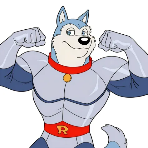 Exile (Road Rovers), blue fur, white fur, anthro dog, solo, male, red collar, blue eyes, silver uniform, silver gloves, red waist, "R" on waist, white background, no background, standing, looking at viewer, half body, high quality, best resolution, flat co...