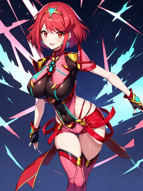 pyra \(xenoblade\), _1girl, armor, bangs, black gloves, breasts, red eyes, closed mouth, earrings, eyelashes, fingerless gloves, floating hair, framed breasts, gem, gloves, hair ornament, headpiece, jewelry, big_breasts, leaning back, leotard, neon trim, o...