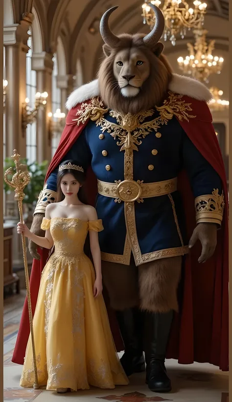 The image depicts two characters in a magnificent setting, sumptuous.
1. **Beast**: On the right is a huge beast-like creature, majesty . It has a lion-like face, with pairs of large horns curving up from the head. This creature wears a costume regal, wit...