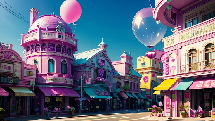 building is a colorful building、Pink Blue、purple 、orchid plant、Candy Country、Candy Town、Candy House、balloon、Playing card、There are lots of sparkling malls here and there