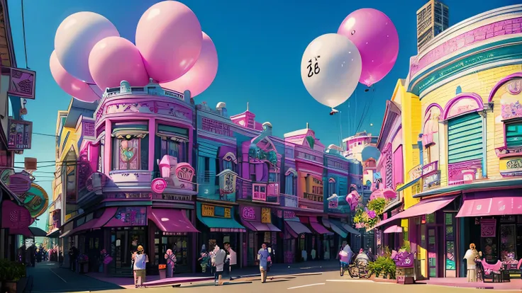 building is a colorful building、Pink Blue、purple 、orchid plant、Candy Country、Candy Town、Candy House、balloon、Playing card、There are lots of sparkling malls here and there