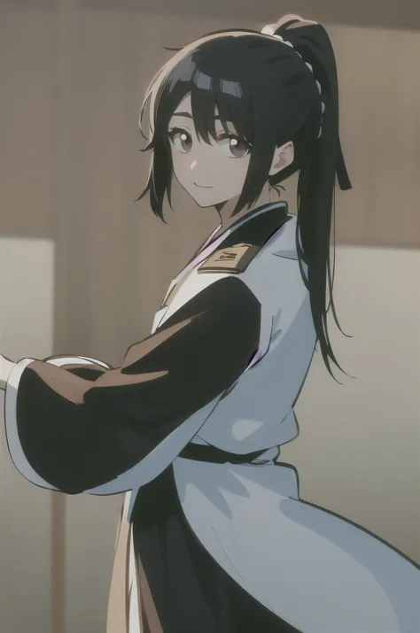 masterpiece, Highest quality ,
one girl from the side , romantic love , black hair, single , ponytail, Vancouver, brown eyes,
Hair bangs,
kimono, white sleeveless coat ,Captain's coat without white sleeves, black kimono ,
smile, alone,...