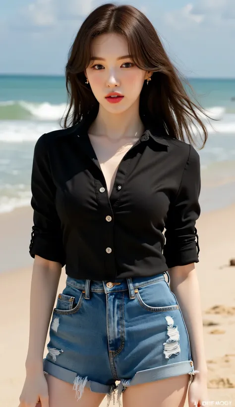 A beautiful woman, was playing on the beach during the day,  front facing, using a black oxford shirt,  denim shorts , Big Boobs, red lips