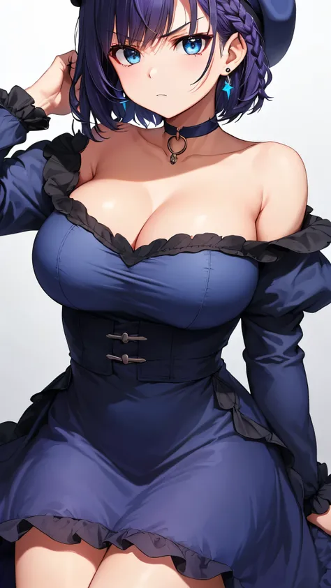 top quality、 top quality、 masterpiece、 beauty、Dark Blue Purple Short Hair(side braid)、 blue eyes、(dark blue dress)、 big breasted 、(very large breasts:1.4)、 angry face、 navy blue choker 、earrings、(  beret,)