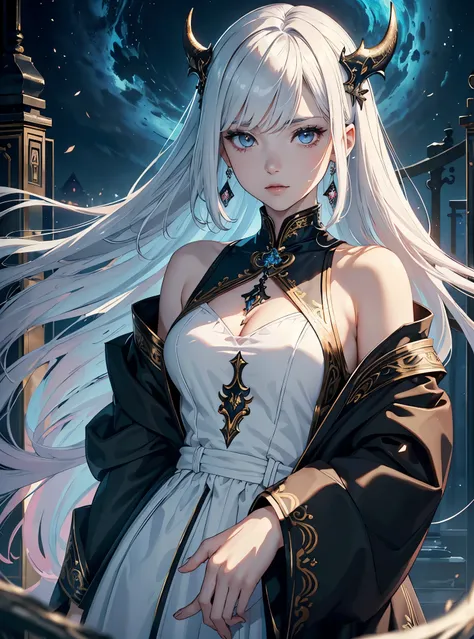 (FANTASY COLORING, SHIMMERING PALETTE, HEAVENLY LIGHTING, 8K DETAIL QUALITY))
((masterpiece, best quality, uhd, detailed, detailed eyes)), (1girl, anime girl in the heaven gate, divine, dragon horn),(mature girl, mature), (solo, upper body, half body, port...