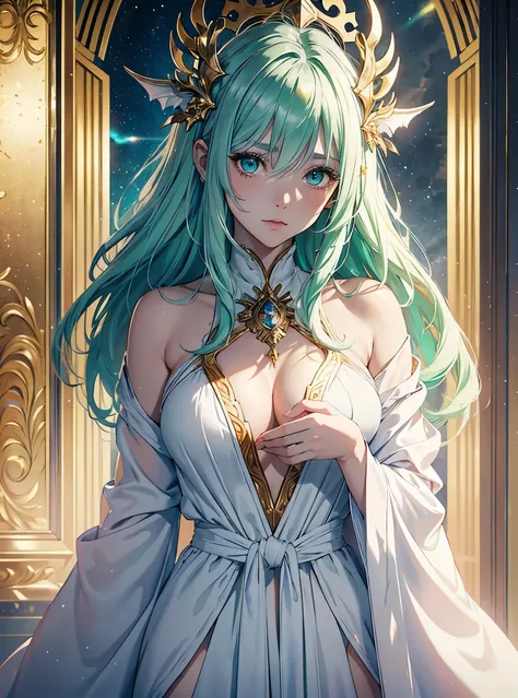 (FANTASY COLORING, SHIMMERING PALETTE, HEAVENLY LIGHTING, 8K DETAIL QUALITY))
((masterpiece, best quality, uhd, detailed, detailed eyes)), (1girl, anime girl in the heaven gate, divine, dragon horn),(mature girl, mature), (solo, upper body, half body, port...