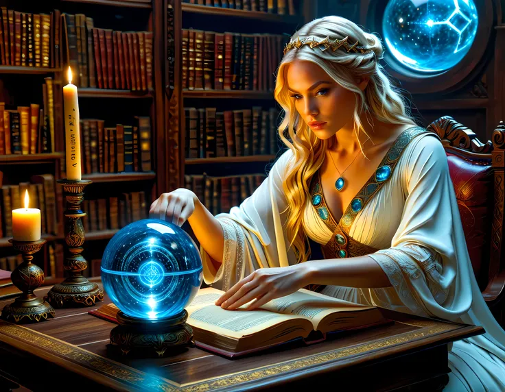 a picture of a human woman sorceress sittings in her magical lab, divining distant places in her crystal ball, epic beautiful human woman (best details, Masterpiece, best quality), ultra detailed face (best details, Masterpiece, best quality), golden hair...