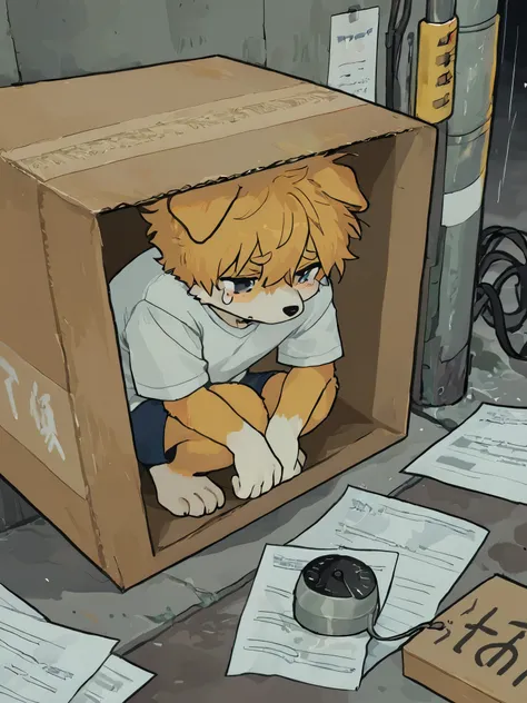  source_ furry, hadrian , furry male， elementary school students，((boy    )),  Dog boy      ，short hair,masterpiece, newest,absurdres, incredibly absurdres, messy hair，Horizontal paper box，Telephone pole ，alone，barefoot，white shirt， in the box, in a contai...