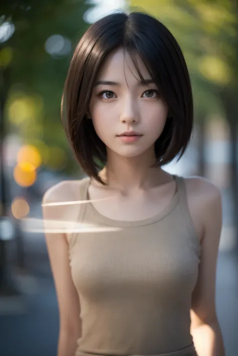 A girl named Amy with short straight hair, in a first-person view with lens flare, shot with a f/1.8, 135mm, Canon lens. The image should be UHD, retina-quality, a masterpiece that is accurate and anatomically correct. Amy should have textured skin with su...