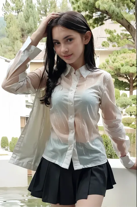 (8k RAW photo, A young naked girl, ideal body, small breast), on the crowded school, unbuttoned long sleeve white uniform shirt, tie, black skirt, taking off uniform, showing pussy, showing nipples, looking back to camera, really wet uniform, really wet bo...