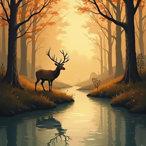 create abstract painting of deer waterbody , trees , 4k resolution, 2d effect , limited warm colors , textured , evening scene , imagination powers