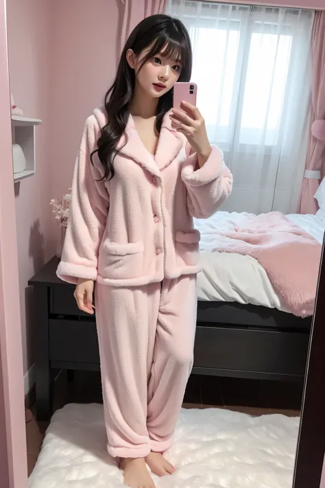 full body, Pale pink fluffy pajamas,  my room, Selfie, night, winter