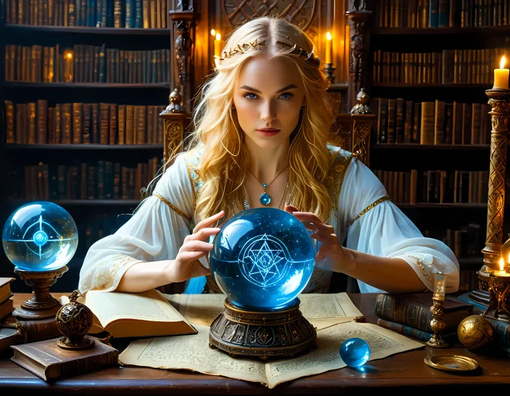 a picture of a human woman sorceress sittings in her magical lab, divining distant places in her crystal ball, epic beautiful human woman (best details, Masterpiece, best quality), ultra detailed face (best details, Masterpiece, best quality), golden hair...