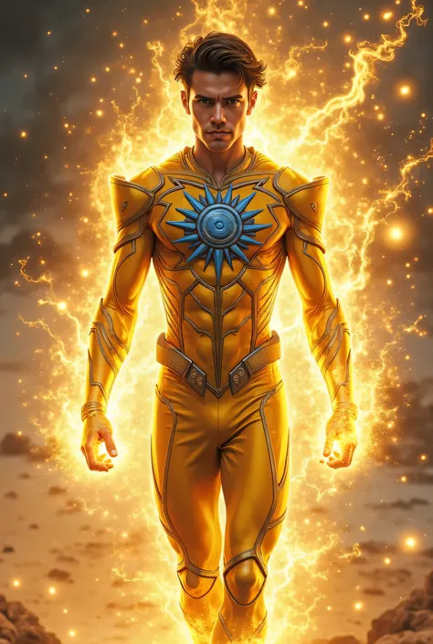 “Full Body action scene. A Teleporting-powered 25-year-old Olive-toned White male Superhero in a skinny, Golden outfit with Blue metal details. The outfit has a Blue metal Macedonian Sun symbol on the chest. He is creating Golden holographic energy around ...