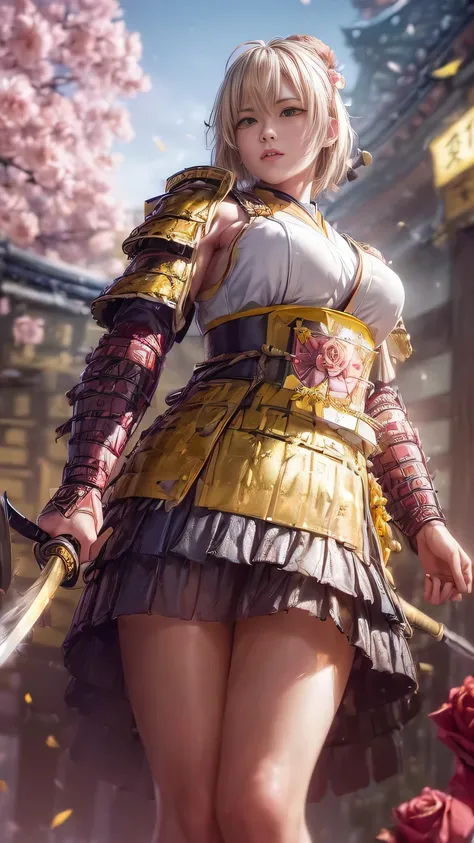 young woman,Oiran,warrior,(wielding a huge_weapon:1.3), very detailedな, realist,(from below, lower body, looking up:1.6), Brilliant Appearance ,extremely detailed, Imaginative,sensual ,top quality,  skin texture,(very short hair:1.8),(Rose gold blonde hair...