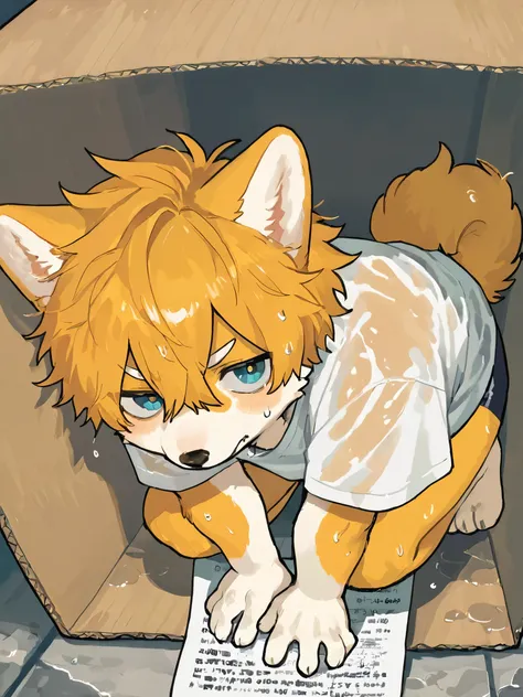  source_ furry, hadrian , furry male， elementary school students，((boy    )),  Dog boy      ，short hair,masterpiece, newest,absurdres, incredibly absurdres, messy hair，Horizontal paper box，Wet Clothes，alone，barefoot，white shirt， in the box, in a container，...