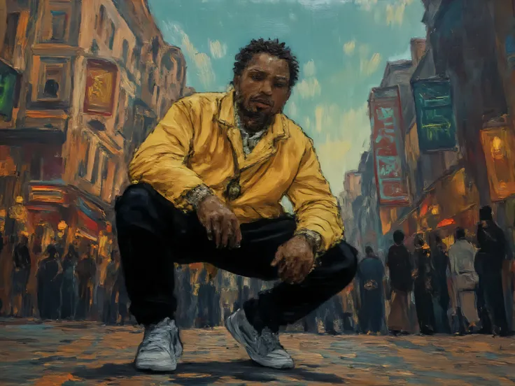 Young man crouching in rapper position, urban scenery, van gogh style painting, Post-Impressionist , 4K,  well lit