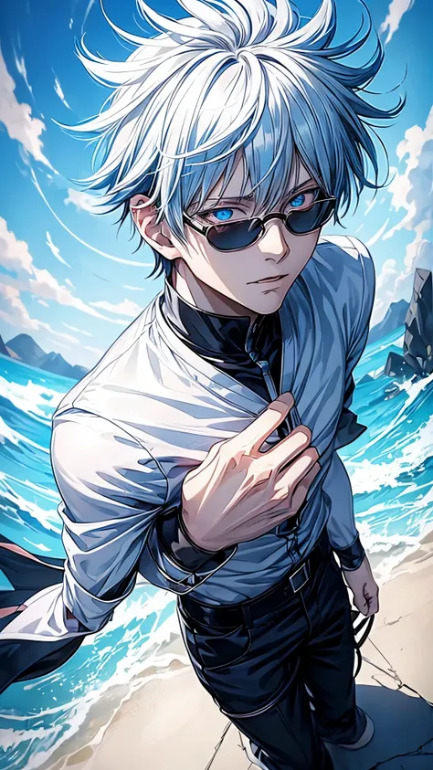 Anime boy with white hair and black glasses standing in front of a blue sky, Kaneki Ken, best anime 4K konachan wallpaper, kaneki ken,  Trigger Anime Art Style , Badass Anime 8k,  tall blue eyed anime man , 4k anime wallpaper,  anime wallpaper 4k , anime w...