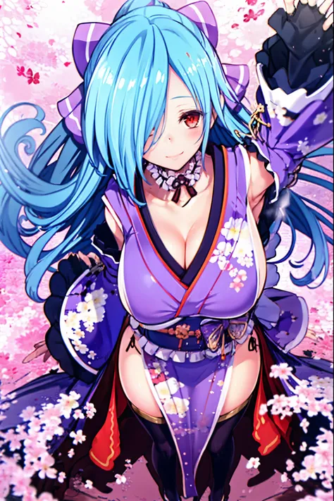 masterpiece, best quality, (1girl, solo),
yamato iori, 1young__girl, virtual youtuber, solo, gloves, bow, hair bow, long hair, hair over one eye, thighhighs, blue hair, fingerless gloves, half_closed_red_eyes, japanese clothes, full body, detached sleeves,...