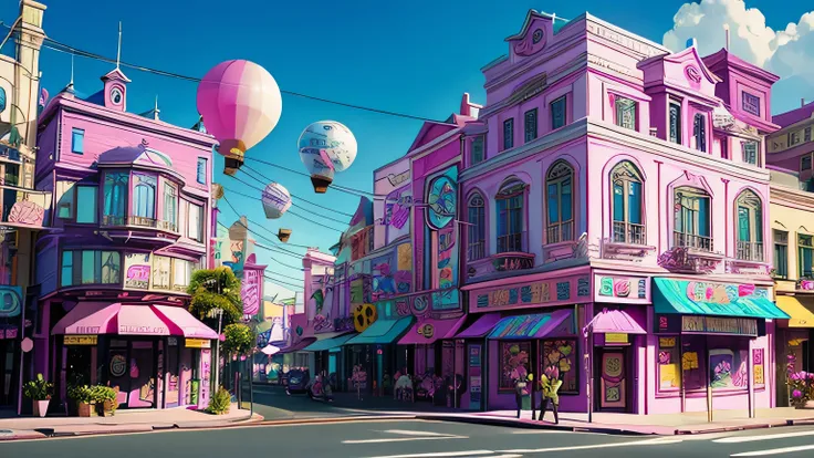 The buildings are colorful buildings、Pink Blue、purple 、orchid plant、Candy Country、Candy Town、Candy House、balloon、playing cards、there are lots of glittering malls all over、Candy Topping、空にひらひらと舞うplaying cards、Cotton candy、candy、sweets、 candy