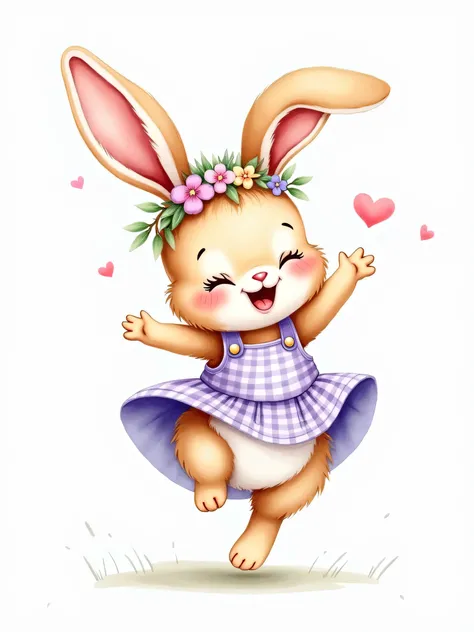 Cliparts beautiful, cute baby watercolor bunny,  jumping happy, Laughs and dances on one leg, wears a delicate flower wreath of spring flowers on his head and a round purple-white checkered dress. On a completely white background. cute, very beautiful and ...