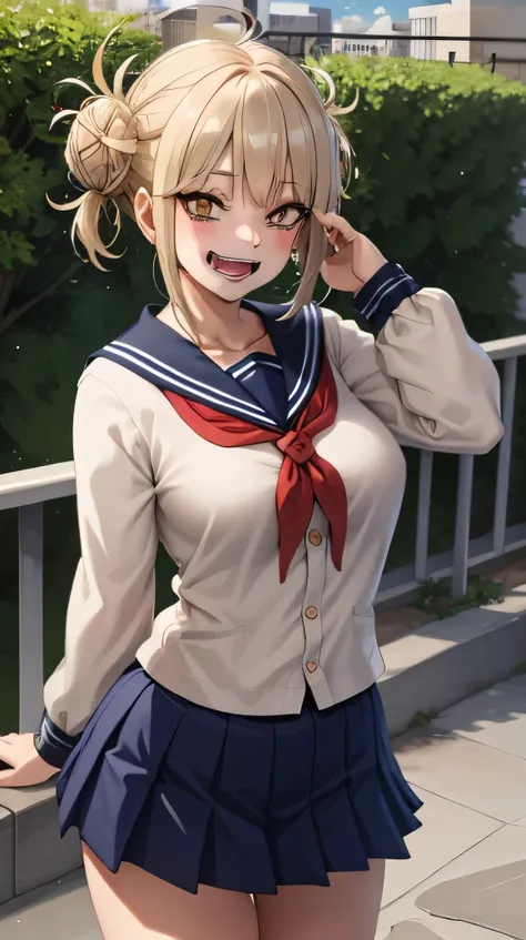 HimiKou1  , a girl, alone , blows, Blond hair, yellow eyes, blunt blows , hair bun,  double bow, sidelocks, messy hair, looking at the spectator,   smile, blush, bags under the eyes, Teeth, school uniform, sailor collar, open-mouthed, serafuku, Fangs,   br...