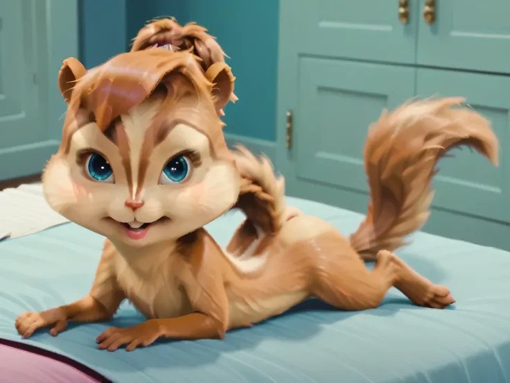 score_9, score_8_ upwards, score_7_ upwards,  eastnik_ fluffy , brittany miller, chipmunk , chipmunk  girl,  fluffy  female,  fluffy ,  realistic ,  small animal, Movie screenshot,  blue eyes, standard outfit ,  tail, in the bedroom,  satisfied,  smiles sw...