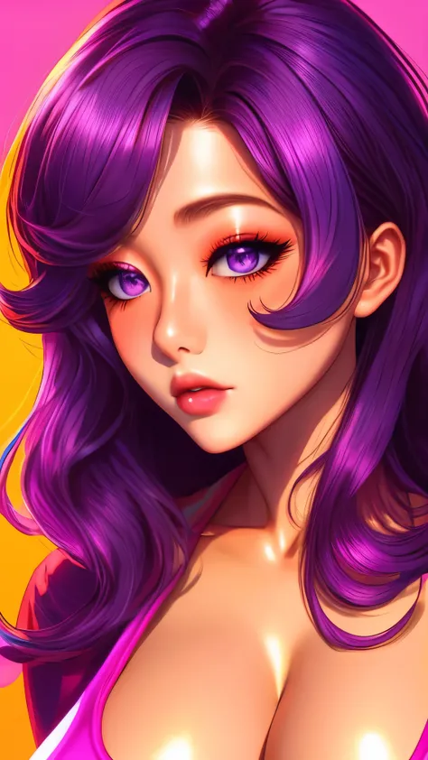 80s glam rock style, korean girl, huge breasts, pronounced cleavage, 16K, ultra-detailed, manga, anime, Kizi，(eyes looking off to side), Highly detailed, Amazing work，Vitreous luster, blues, purples, reds, Best quality at best，shiny skin, colorful backgrou...