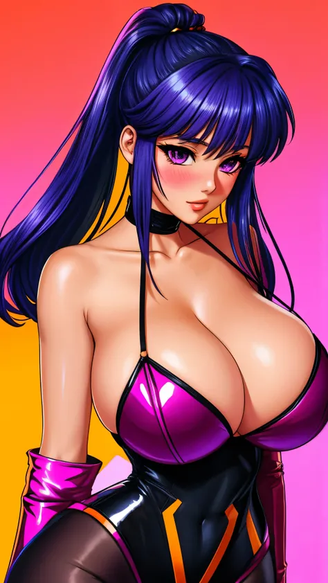 80s glam rock style, korean girl, huge breasts, pronounced cleavage, 16K, ultra-detailed, manga, anime, Kizi，(eyes looking off to side), Highly detailed, Amazing work，Vitreous luster, blues, purples, reds, Best quality at best，shiny skin, colorful backgrou...