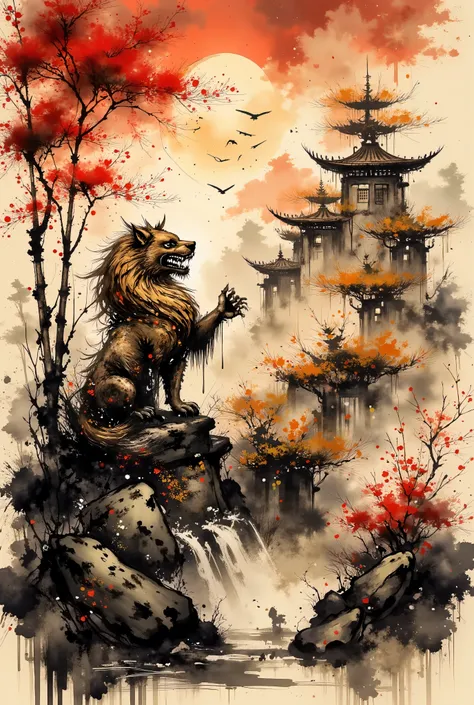Ancient Japanese ink painting style Shishi guardian lion on aged parchment background, fierce expression with gleaming golden mane and intricate decorative patterns, rich crimson accents on guardian statue, dramatic traditional composition with golden embe...