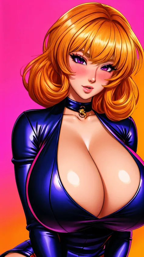 80s glam rock style, korean girl, huge breasts, cleavage, 16K, ultra-detailed, manga, anime, Kizi，Highly detailed, Amazing work，Vitreous luster, blues, purples, reds, Best quality at best，shiny skin, colorful background, orange background, pink background,...