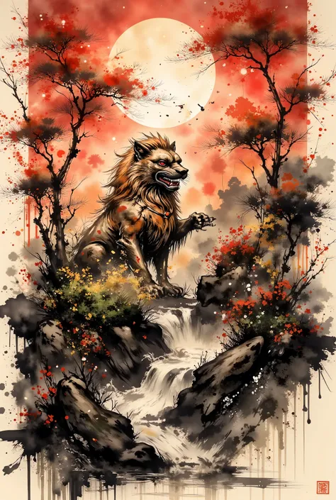 Ancient Japanese ink painting style Shishi guardian lion on aged parchment background, fierce expression with gleaming golden mane and intricate decorative patterns, rich crimson accents on guardian statue, dramatic traditional composition with golden embe...