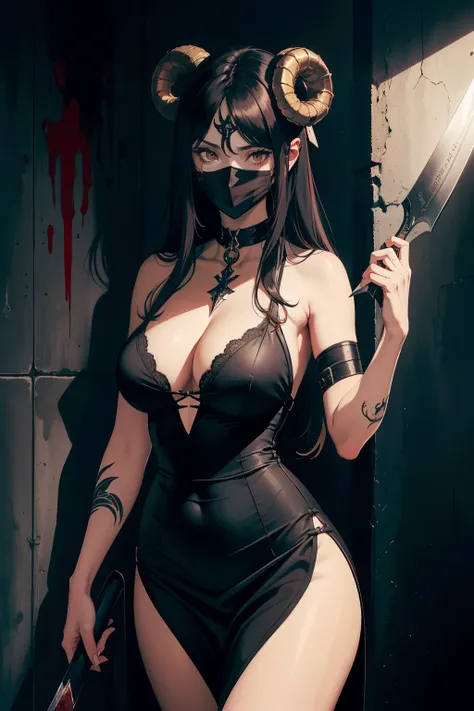 1 girls, (indoors), (dark room), (wall inscribed chaelnyx), (masked sheep), slightly exposed, big breasts, red room
(choppy pose) (broken black dress), blood-stained body, holding a large sickle blade, chest tattooed with name chael nyx, (rambut lurus warn...